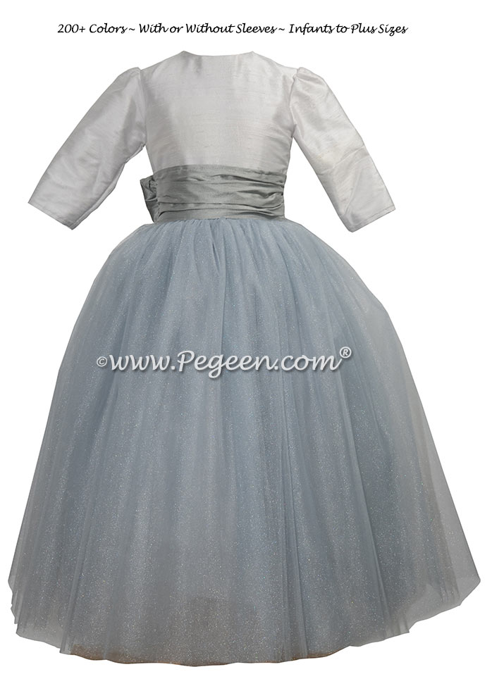 Morning Gray and Platinum 3/4 sleeve silk and tulle flower girl dress