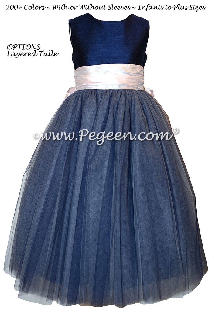 Navy and Peony Pink silk and tulle  flower girl dress