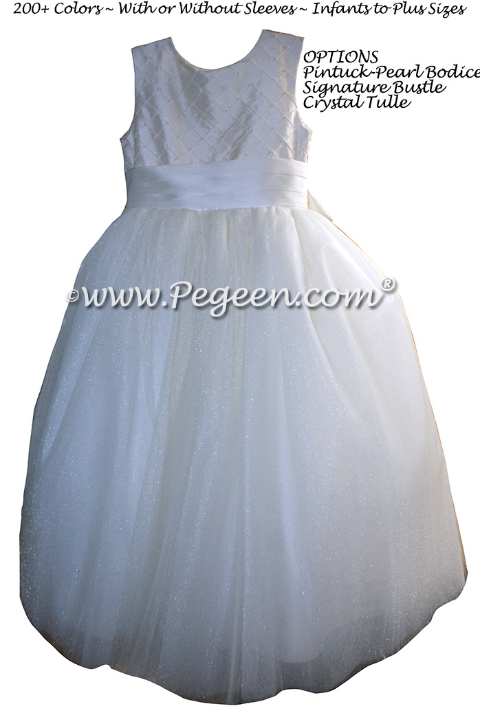 Trellis Bodice in White Flower Girl Dresses with Signature Bustle and Dew Drop Tulle
