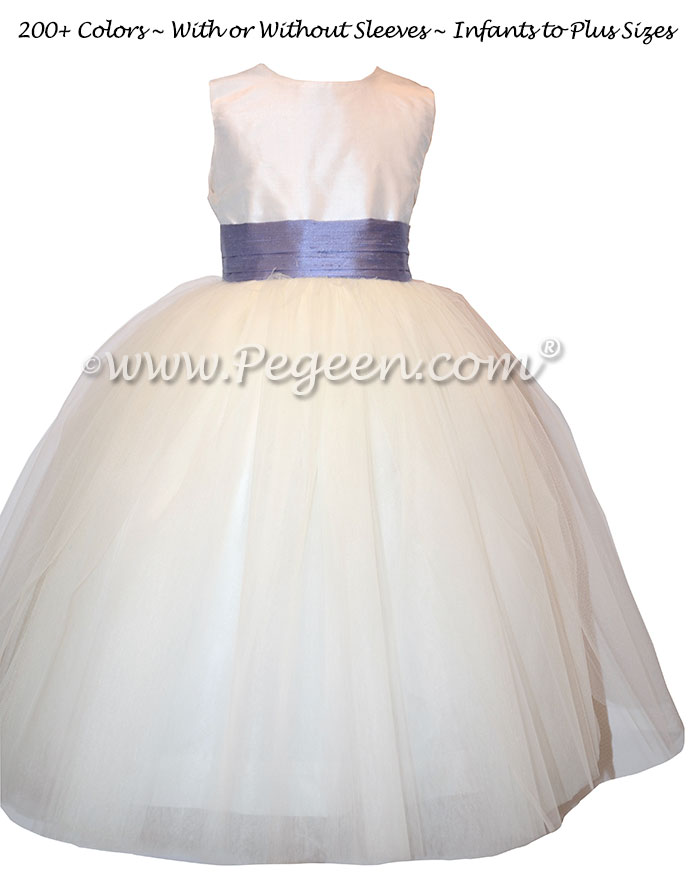 Flower Girl Dresses with a tulle skirt in Antique White and Periwinkle and Tulle | Pegeen