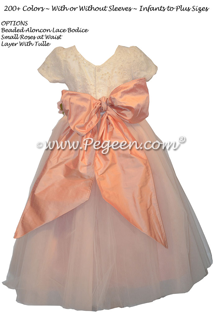 Petal Pink and Aloncon Lace custom silk flower girl dresses Style 402