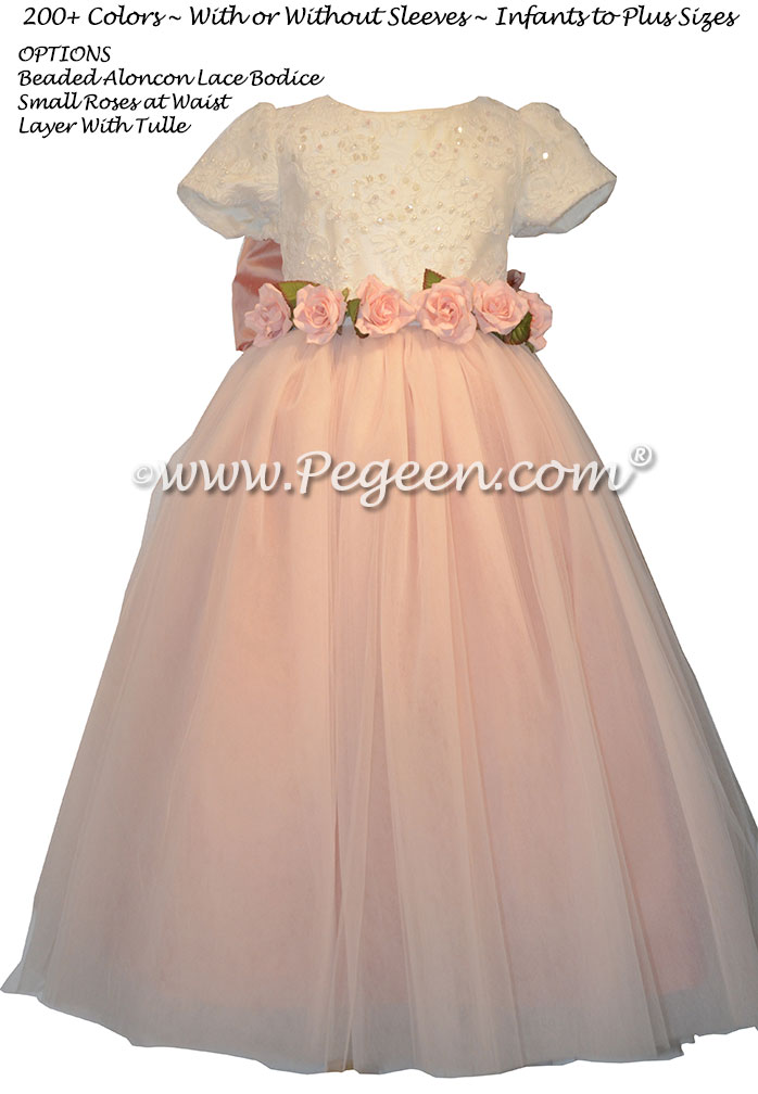 Petal Pink and Aloncon Lace custom silk flower girl dresses Style 402