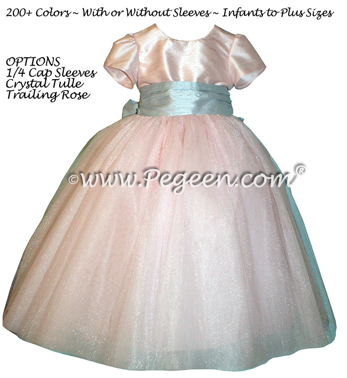 Couture Style pink and blue silk flower girl dresses - Style 402 | Pegeen