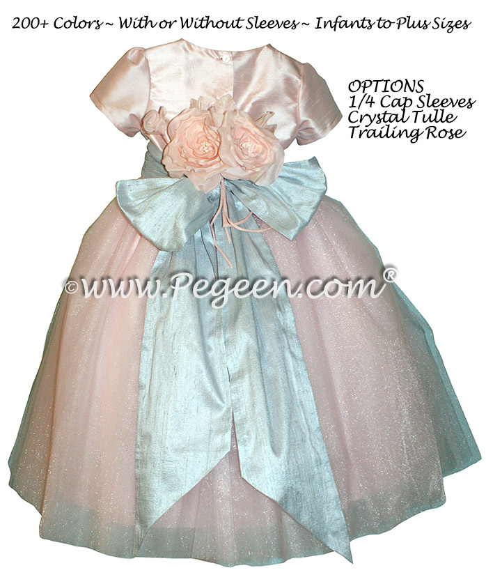 Couture Style pink and blue silk flower girl dresses - Style 402 | Pegeen