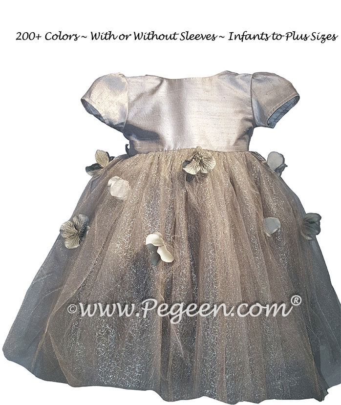 Platinum tulle and flower petals silk flower girl dress for infant