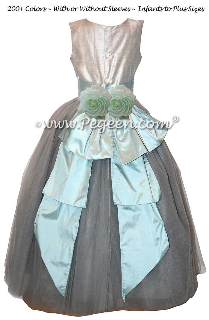 Custom Platinum, Gray and Spa Blue Silk Tulle Flower Girl Dresses