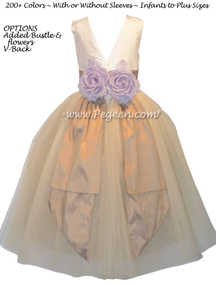 Gold Tulle and Silk Flower Girl Dress with Back Flowers