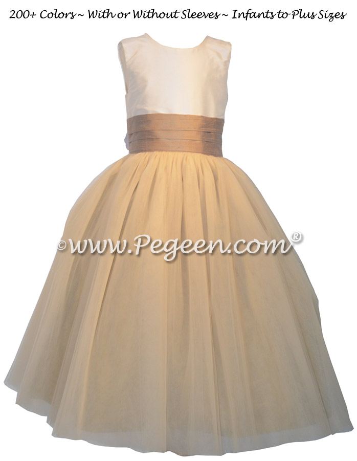 Gold Tulle and Silk Flower Girl Dress with Back Flowers