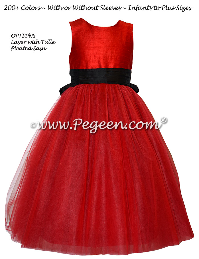 Red and Black Tulle Custom Silk flower girl dresses - Style 402
