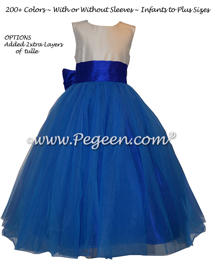 Flower Girl Dresses in Blue Sapphire and Ivory Silk and Tulle | Pegeen