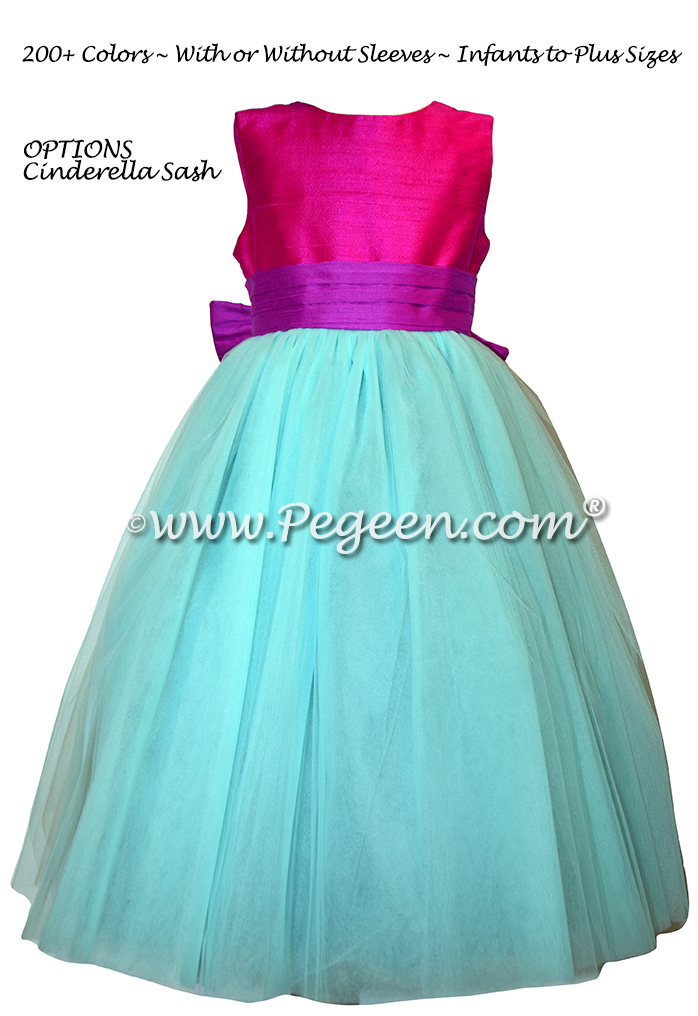Fuchsia pink, Raspberry and Tiffany Blue flower girl dress - Style 402