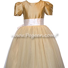 Pure Gold and New Ivory Silk and Tulle Silk Style 402 Flower Girl Dresses with Cinderella Bow