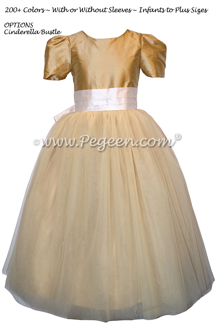 Pure Gold and New Ivory Silk and Tulle Silk Style 402 Flower Girl Dresses with Cinderella Bow | Pegeen