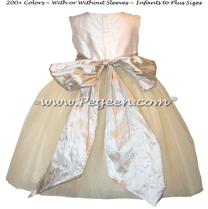 New Ivory and Toffee Tulle Custom Silk flower girl dresses - Style 402