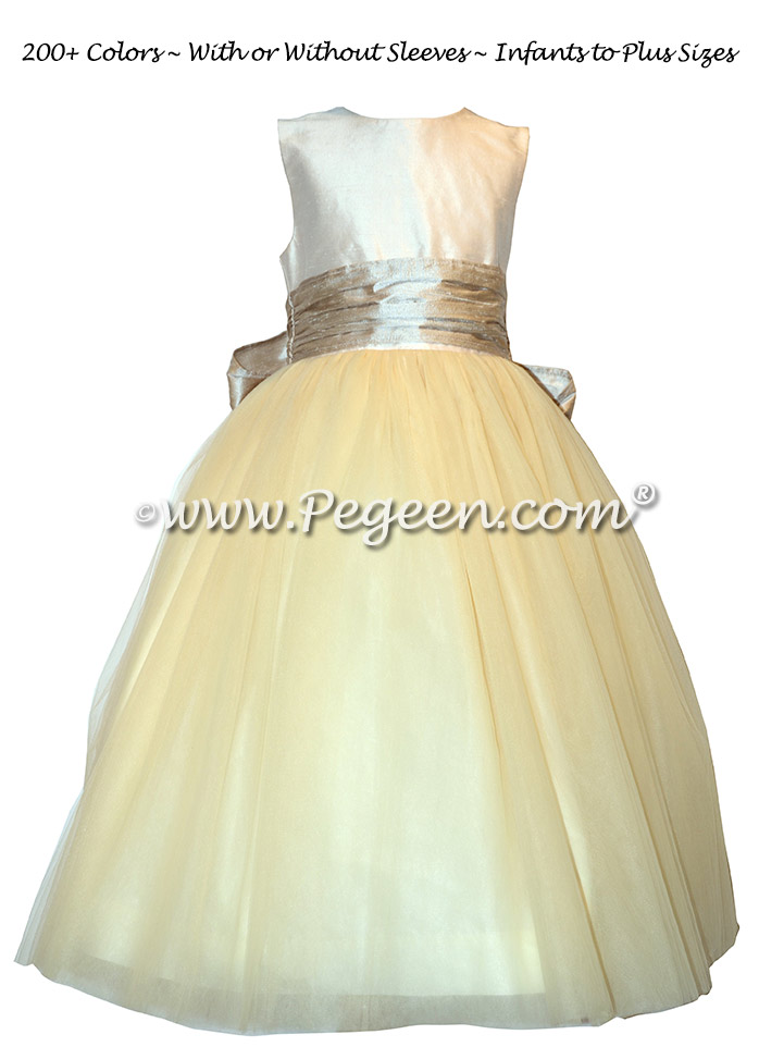 Toffee and Ivory Tulle and Silk custom flower girl dresses - Style 402
