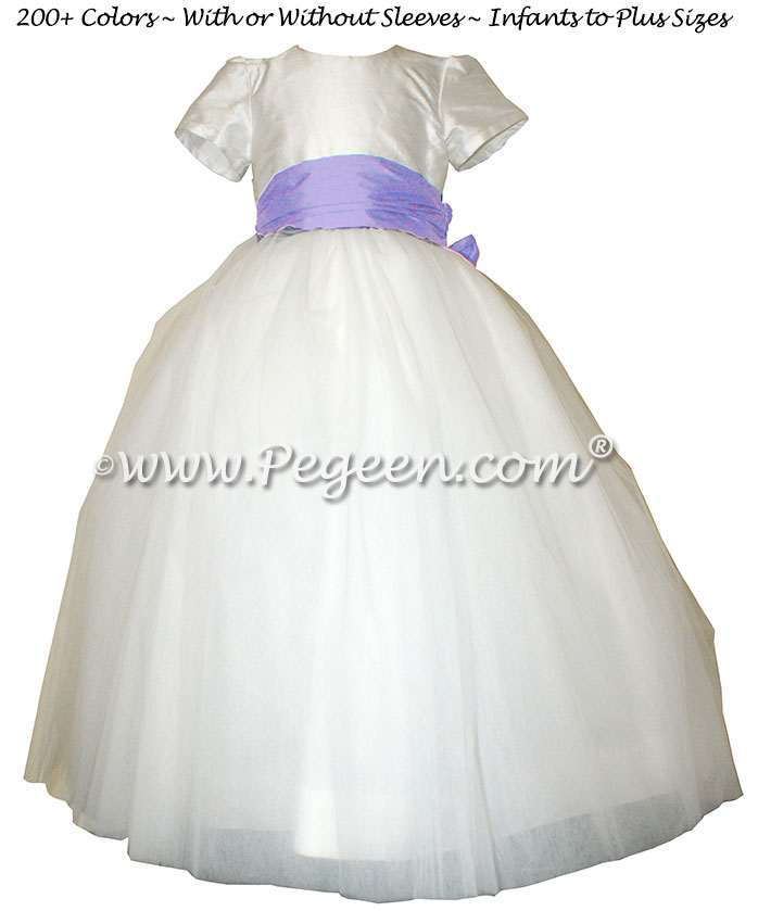Shades of lavender and iris accented tulle and silk flower girl dresses