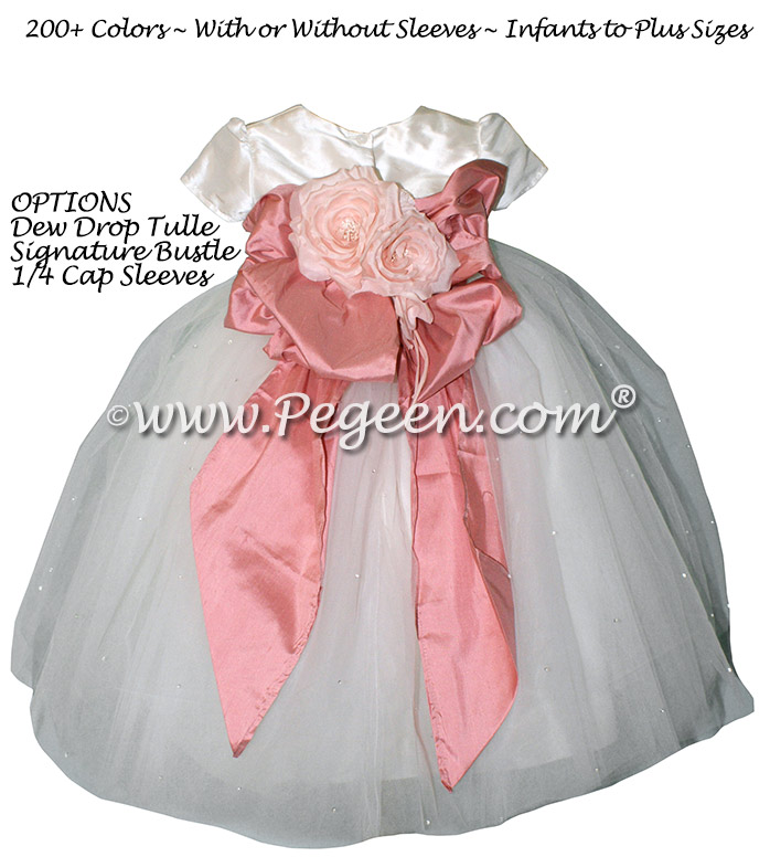 Woodrose Pink Silk flower girl dresses - Style 402 with white tulle