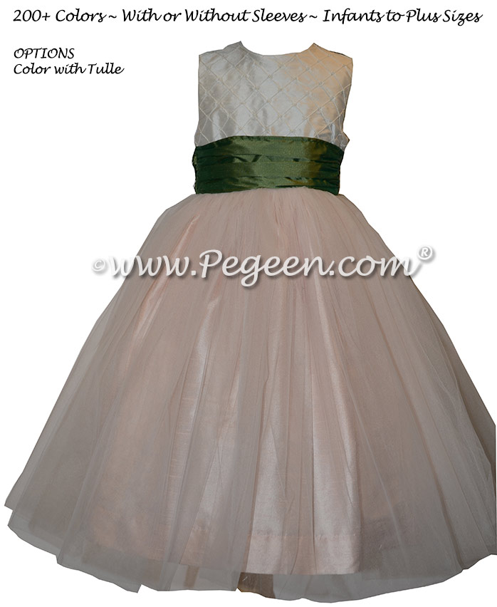 Pink and Sage Green Pintuck and Pearled Custom Silk flower girl dresses
