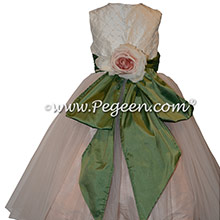 Pale pink and green silk flower girl dress with silk flower