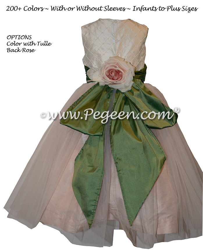 Pale pink and green silk flower girl dress with silk flower | Pegeen