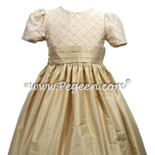 Gold Pin Tuck and Pearls Flower Girl Dress