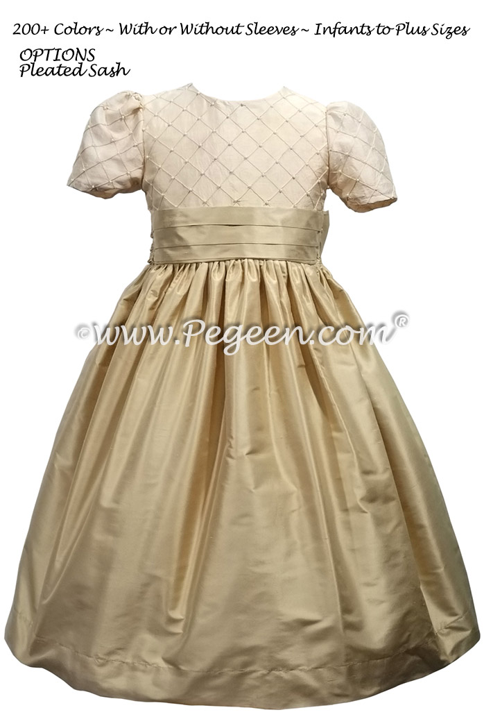 Gold Pin Tuck and Pearls Flower Girl Dress Style 409
