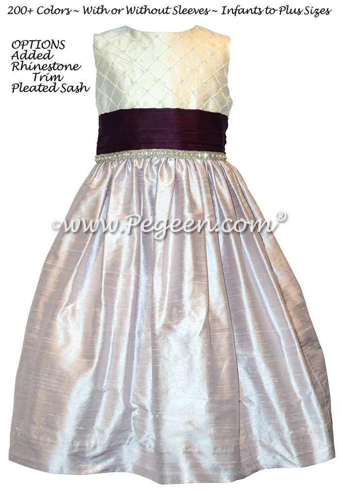 Light Orchid, Plum and Antique White pin tuck silk bodice flower girl dress