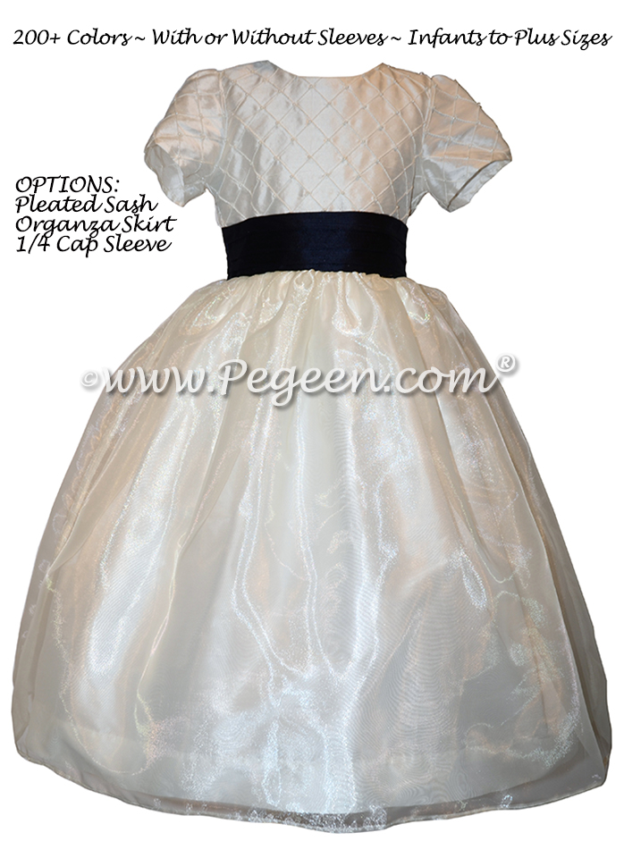 Flower Girl Dress in New Ivory and Navy pin tuck silk bodice - Style 409 | Pegeen