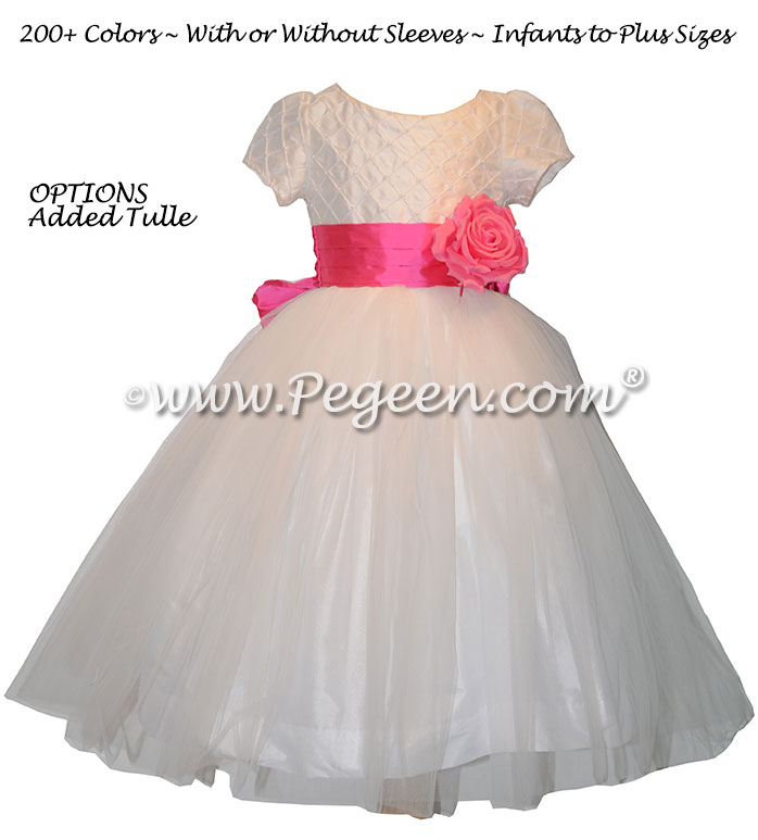 Hot Pink Silk and White Trellis Bodice Flower Girl Dress