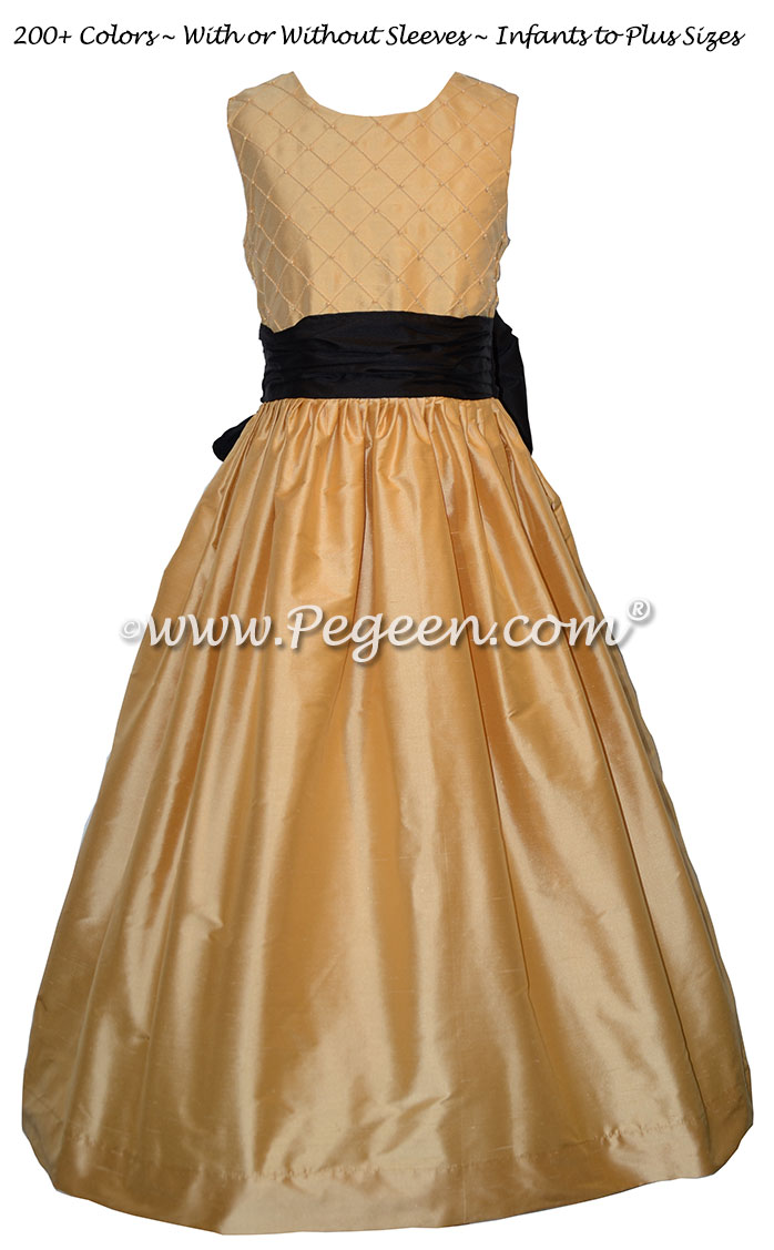 Pure Gold and Black silk Flower Girl Dress Style 409