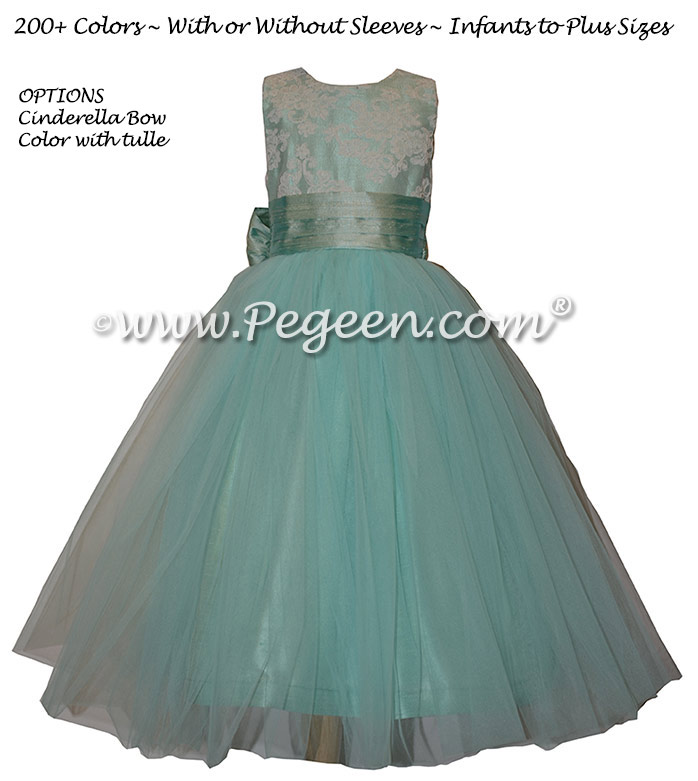 Aqua and White Aloncon Lace Silk Flower Girl Dresses Style 413