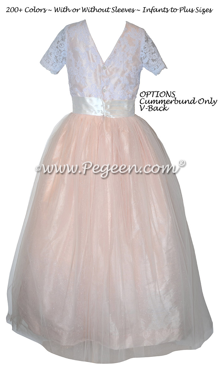 Ballet Pink and Antique White Tulle Flower Girl Dresses with Aloncon Lace