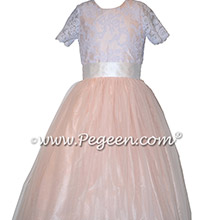 Ballet Pink and White Aloncon Lace Silk and Tuille Flower Girl Dress Style 413