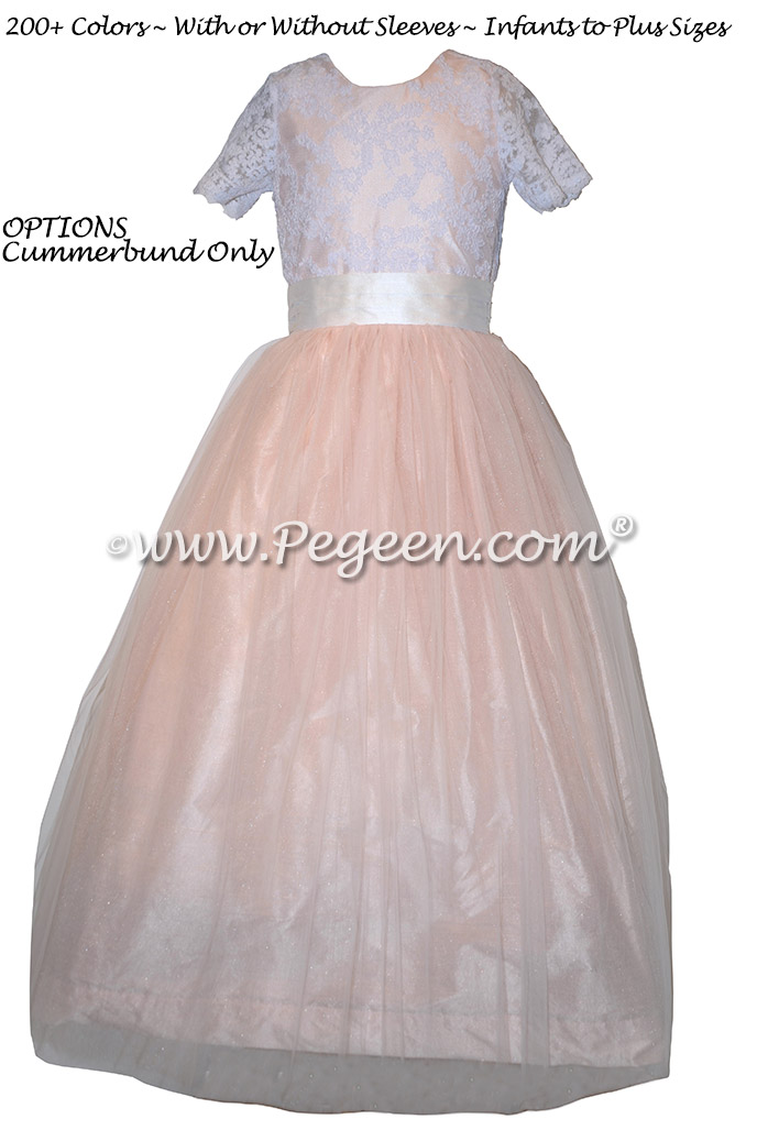 Ballet Pink and Antique White Tulle Flower Girl Dresses with Aloncon Lace