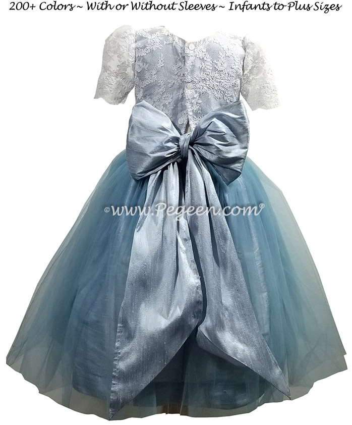 Caribbean Blue silk and tulle flower girl dress with Aloncon Lace