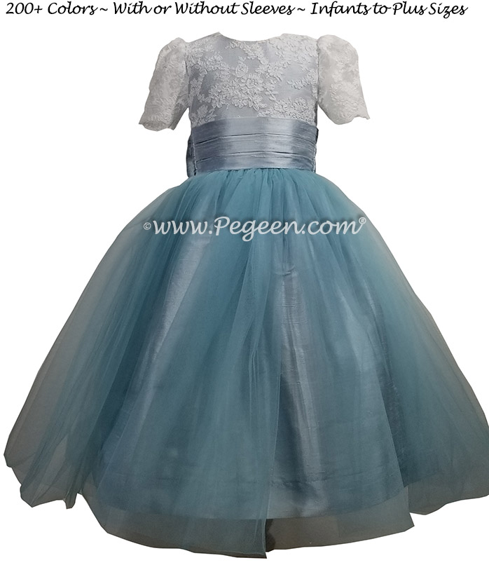 Caribbean Blue silk and tulle flower girl dress with Aloncon Lace