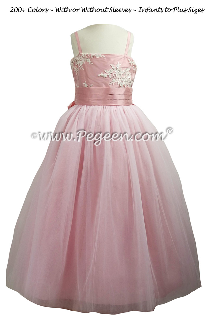 Pink and Aloncon Lace Silk Tulle Flower Girl Dress