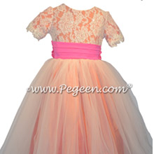 Coral Rose and Shock Pink Lace and Tulle Flower Girl Dress
