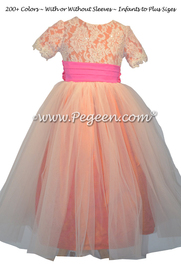 Coral Rose and Shock Pink Lace and Tulle Flower Girl Dress