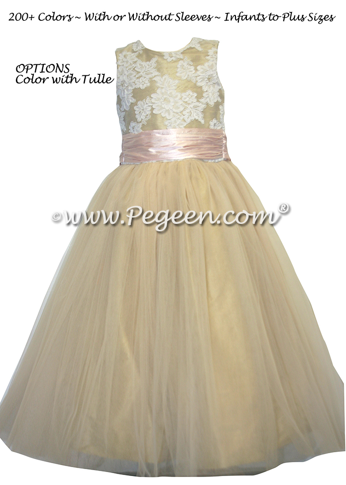 Flower Girl Dress in Gold Tulle and Lace - Style 413 | Pegeen