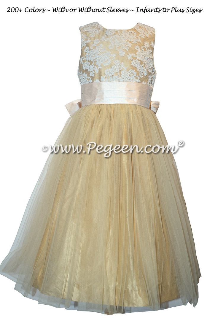 Gold and Pink Tulle Silk flower girl dresses - Style 413
