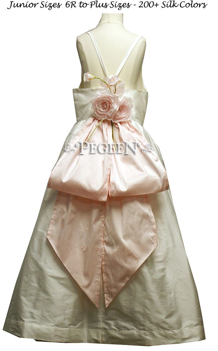 Custom Junior Bridesmaids' Dress in Antique White silk and Peony pink sash - Style 424 | Pegeen