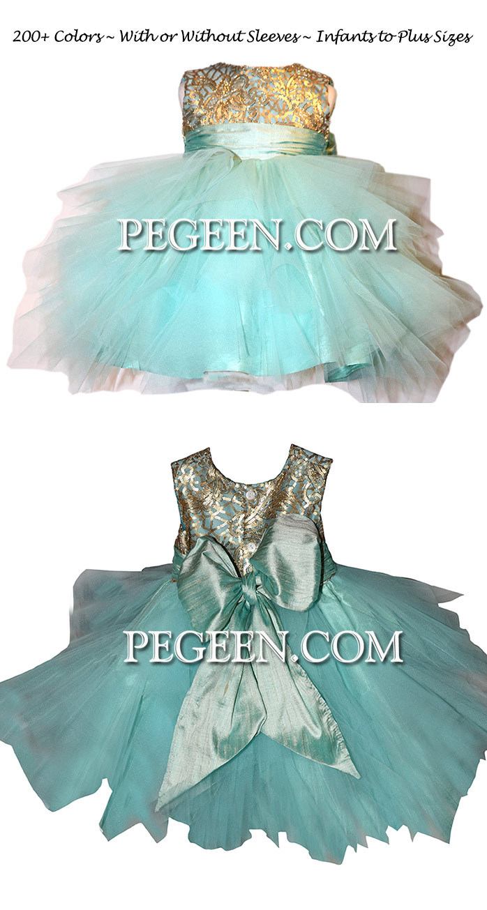 Gold and Tiffany Blue Silk Flower Girl Dress with Handkerchief Tulle
