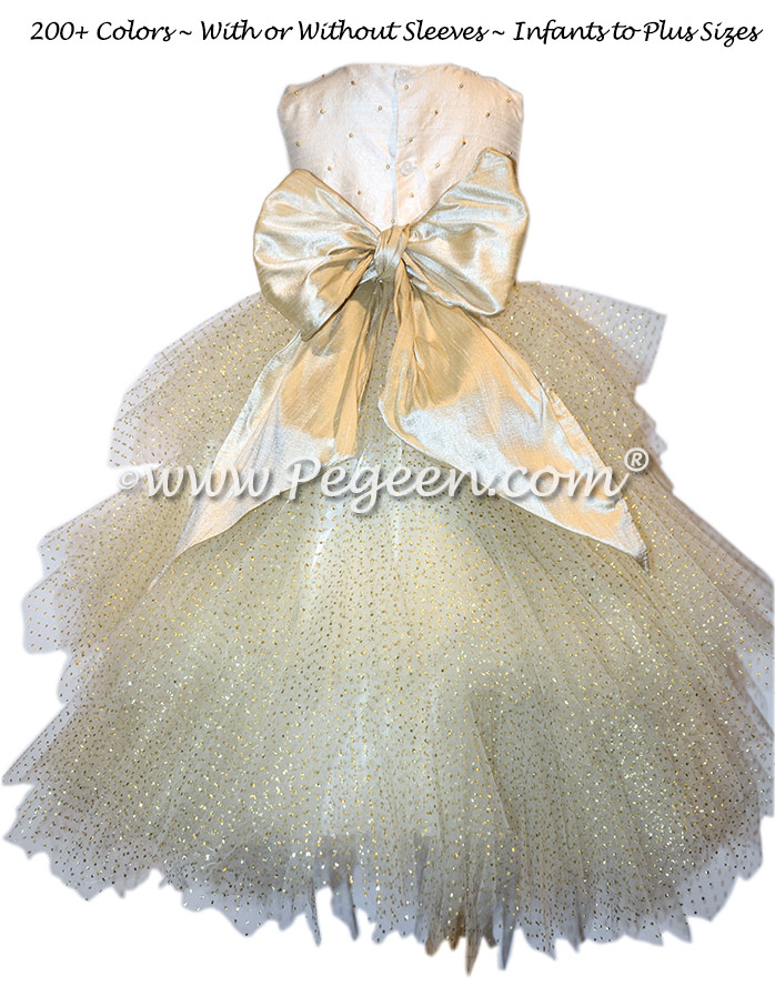 Gold and Ivory Flutter Tulle Toddler Flower Girl Dresses Style 421