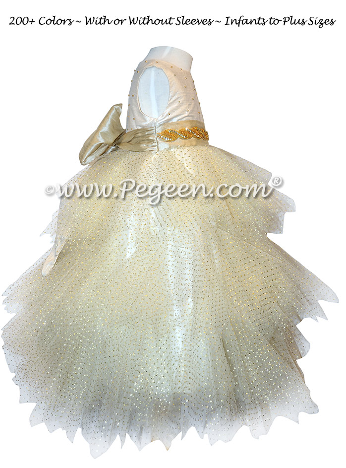 Gold and Ivory Flutter Tulle Toddler Flower Girl Dresses Style 421