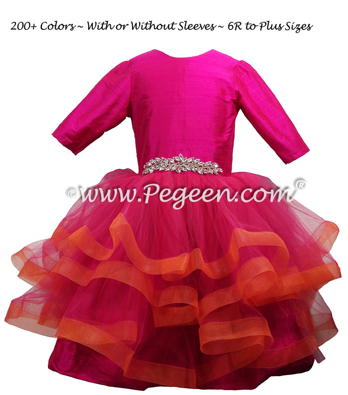 Fluffy Tulle Silk Flower Girl Dress Style 435 in Boing pink and orange