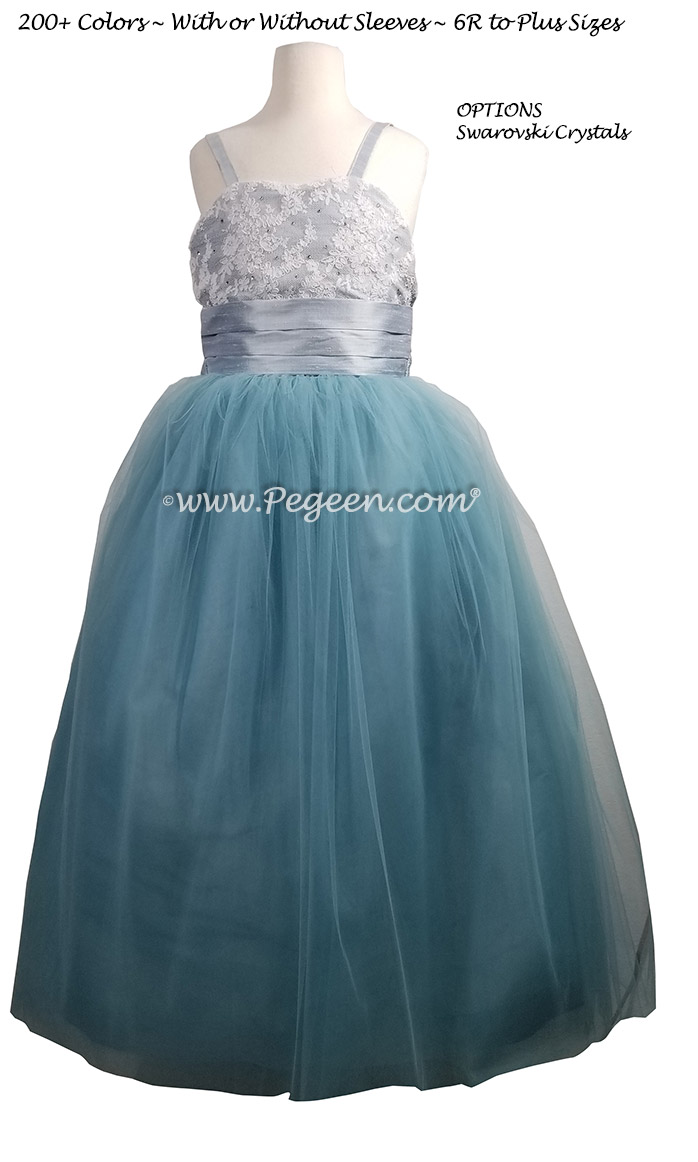 Aloncon Lace, Swarovski Crystal Caribbean Blue Jr Bridesmaids Dress