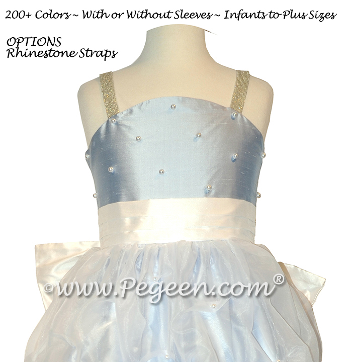 Antique White and Ice Blue flower girl dress Style 403