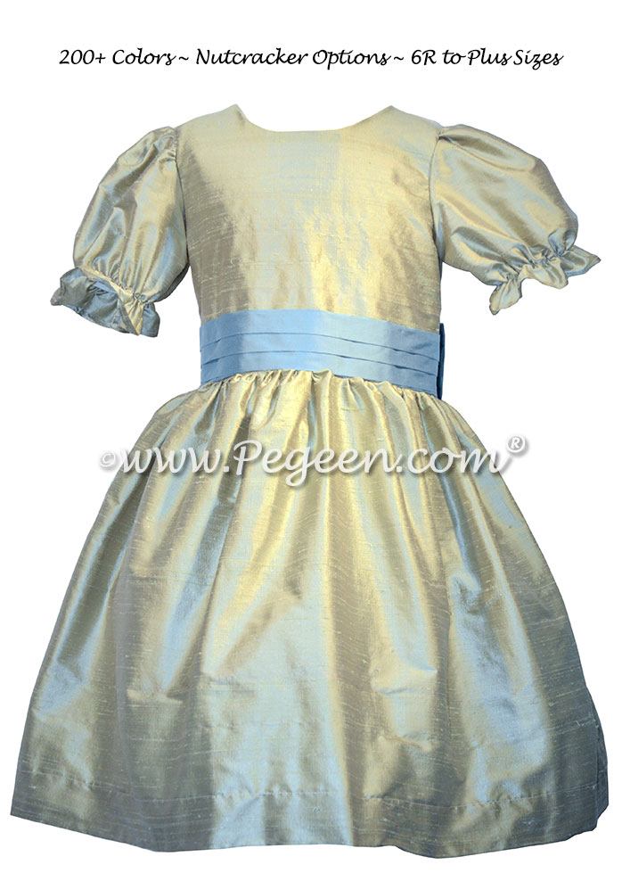 Custom silk celedon green and azuline blue Nutcracker dresses Style 701