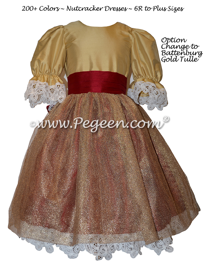 Cranberry and Gold Tulle and Silk Nutcracker Party Scene Dresses